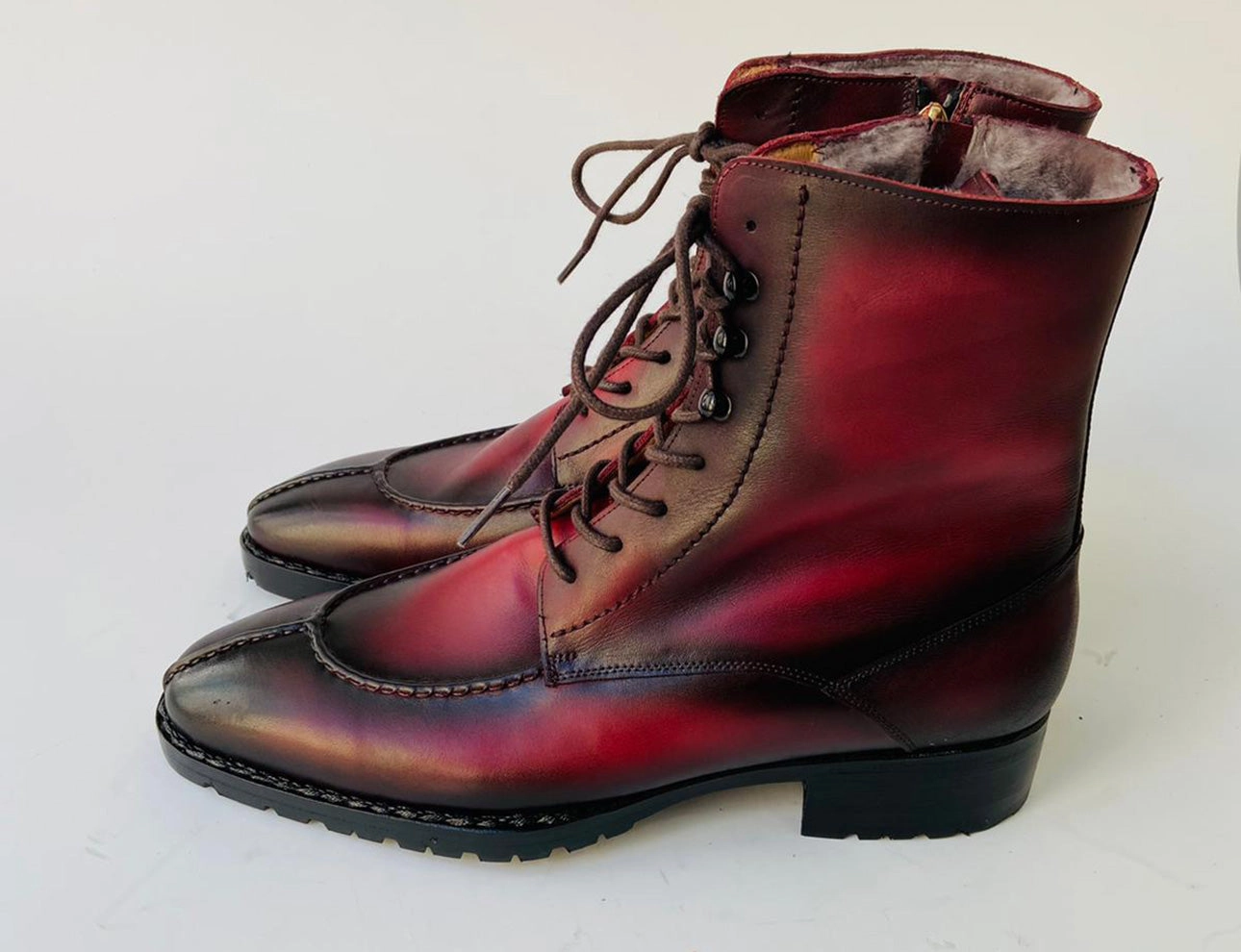 Buy TucciPolo Mens handmade Luxury Italian leather Winter Fur Split Toe burnished burgundy custom made Dress Boots