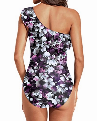Floral Print Women's Tummy Control Ruffle One Shoulder Swimsuit-Purple Floral