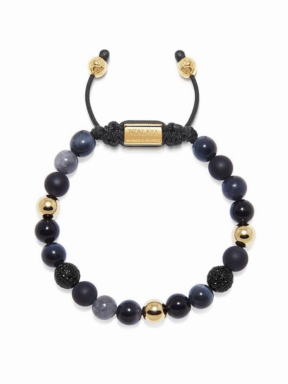Men's Beaded Bracelet with Agate, Onyx, Grey Jade, and Blue Tiger Eye