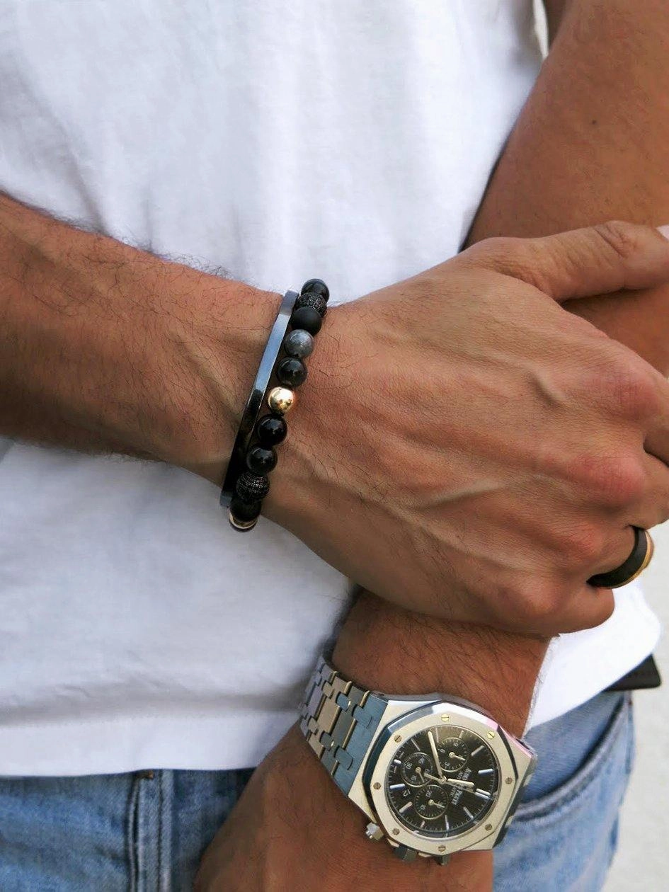 Men's Beaded Bracelet with Agate, Onyx, Grey Jade, and Blue Tiger Eye