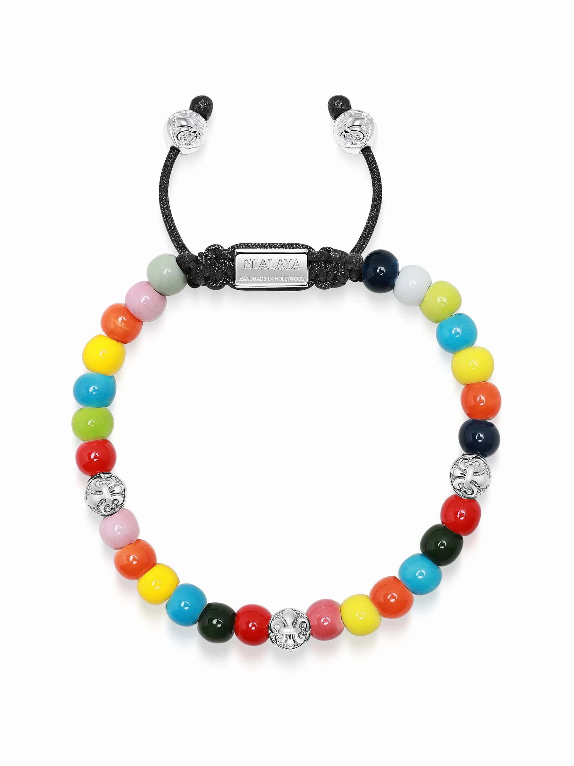 Men's Beaded Bracelet with Multicolored Glass and Silver