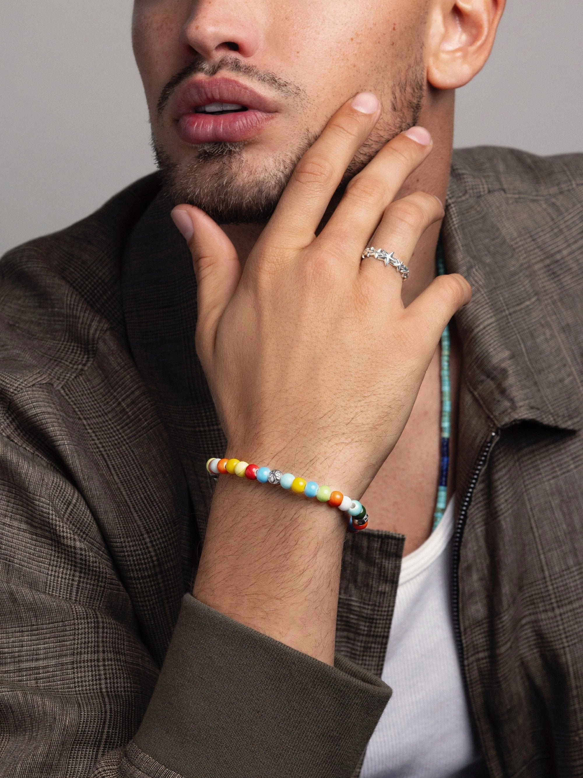 Men's Beaded Bracelet with Multicolored Glass and Silver