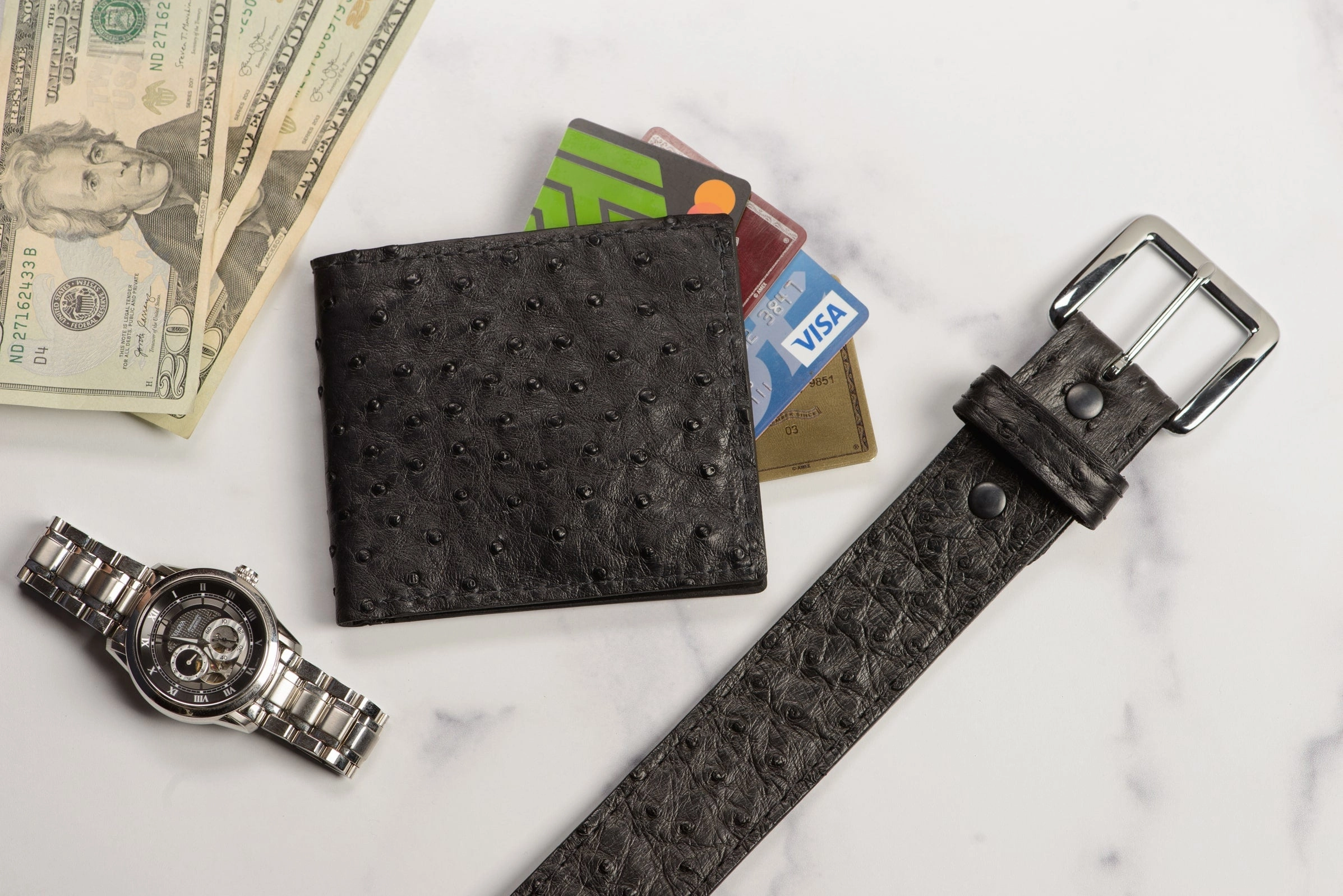 Men's Black South African Ostrich Skin Leather Belt