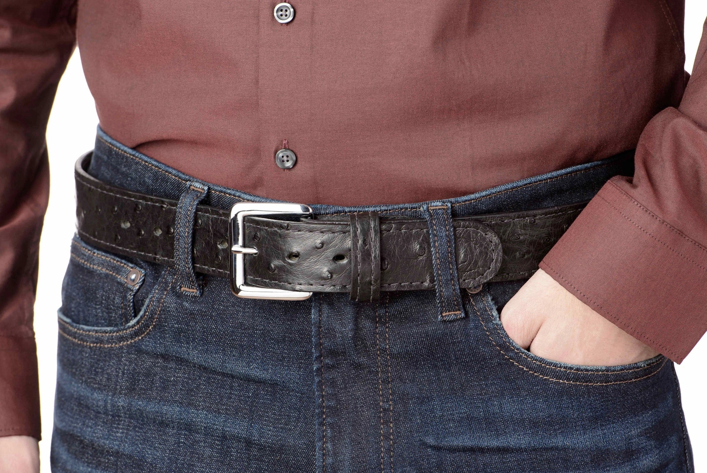 Men's Black South African Ostrich Skin Leather Belt