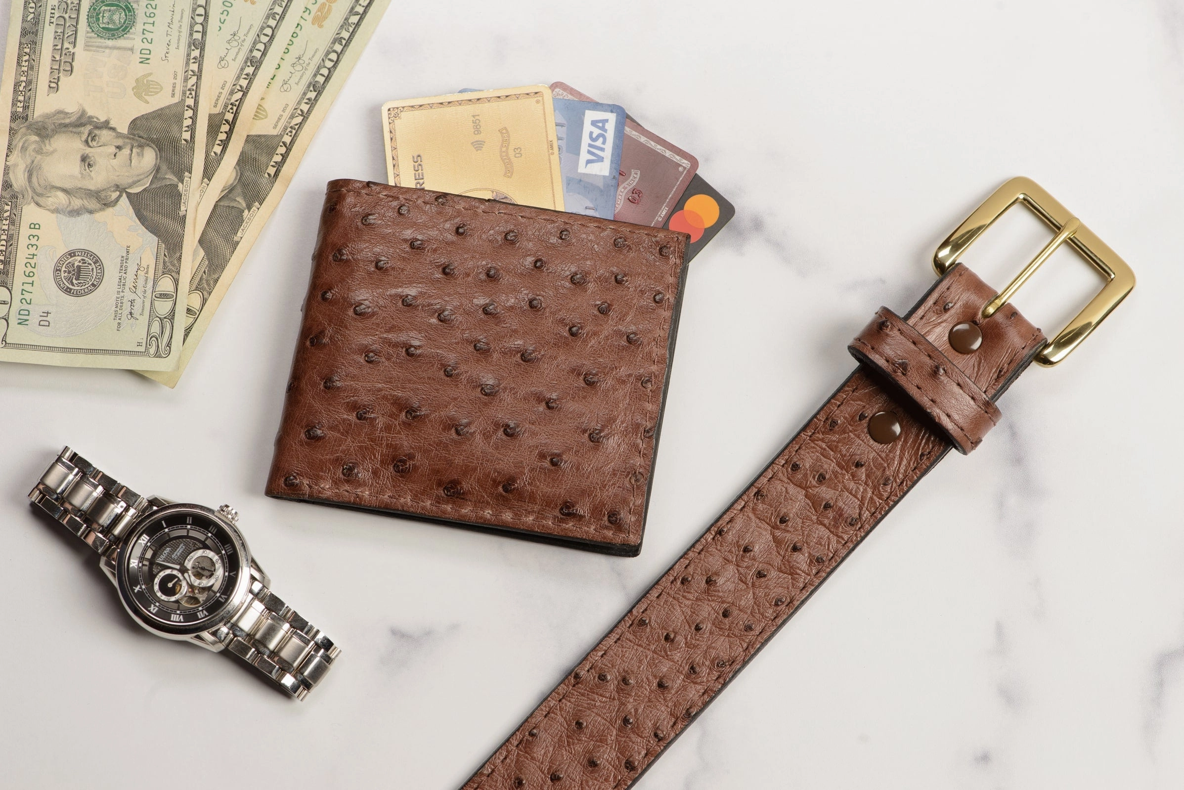 Men's Brown South African Ostrich Skin Leather Belt