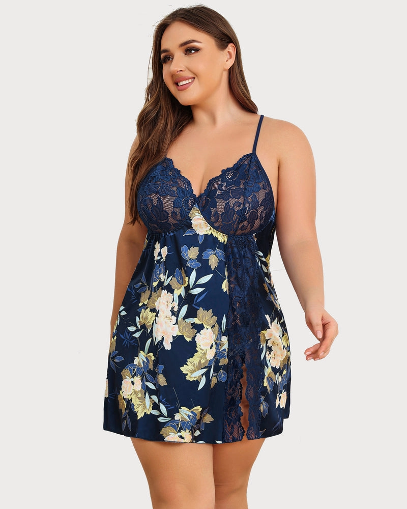 Plus Size Satin Lace Side Slit Chemise