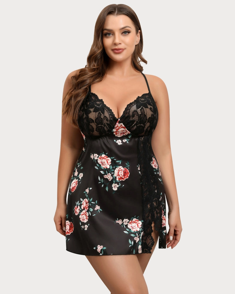 Plus Size Satin Lace Side Slit Chemise