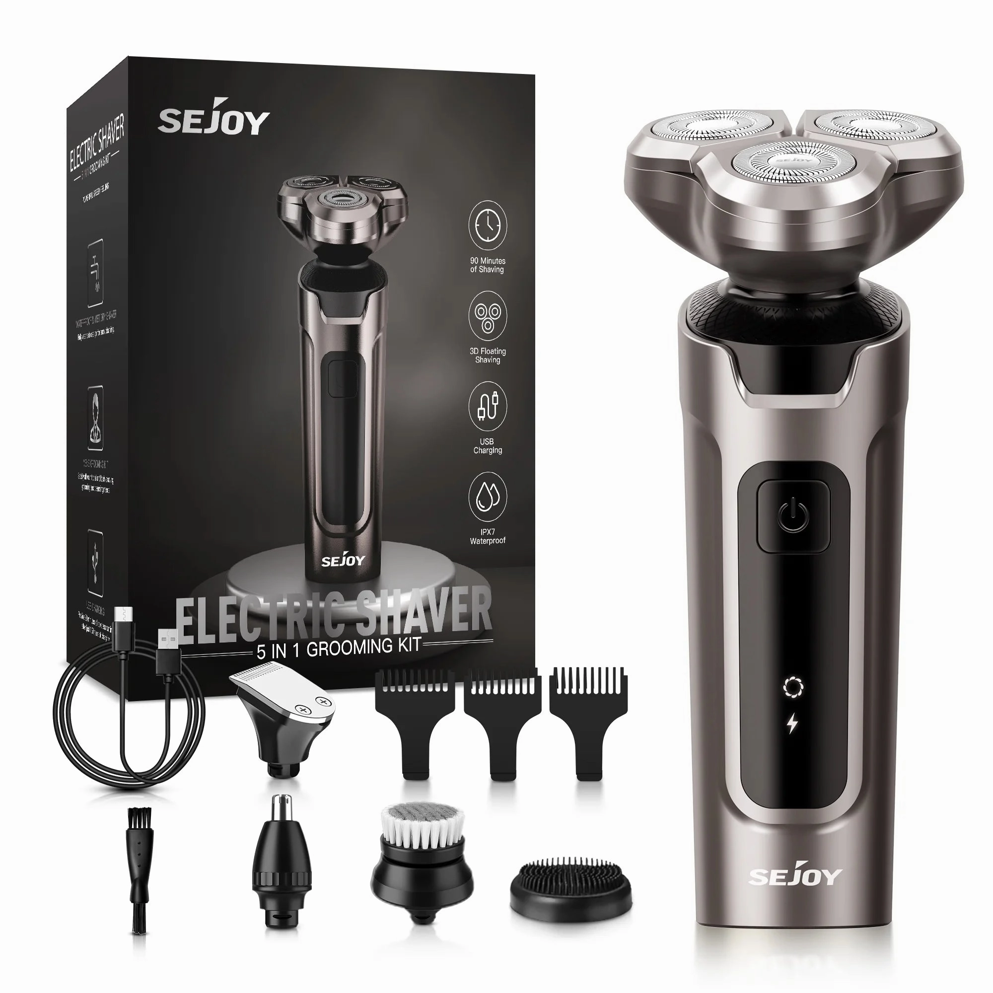 Sejoy Men's 5 in 1 Rotary Electric Shaver, Brown - Waterproof