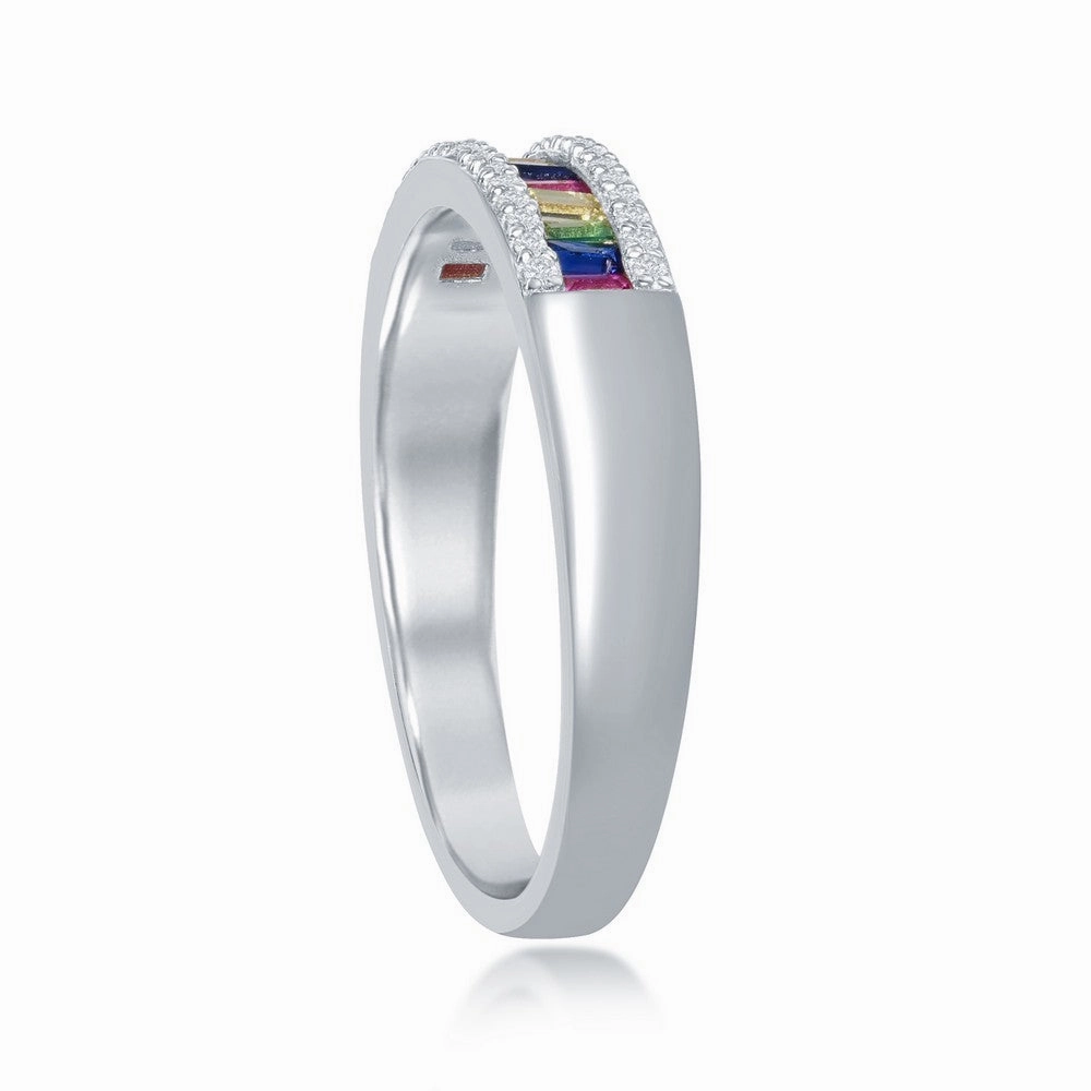 Sterling Silver Baguette Rainbow CZ Channel-Set Ring - W-2135