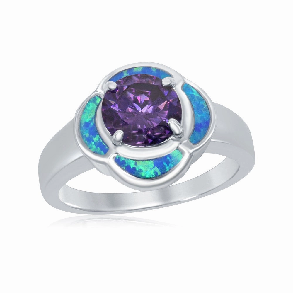 Sterling Silver Blue Opal Flower with Amethyst Ring - W-1437