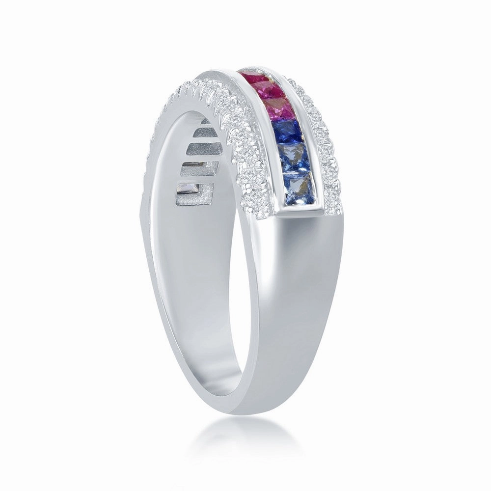 Sterling Silver Center Rainbow CZ with White CZ Ring - W-2128