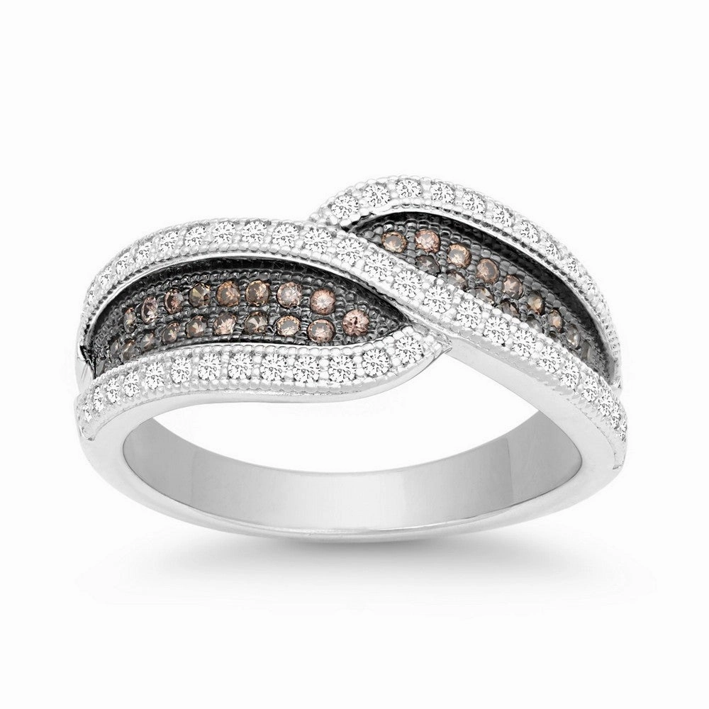Sterling Silver Crossed Champagne and White CZ Ring - W-9906