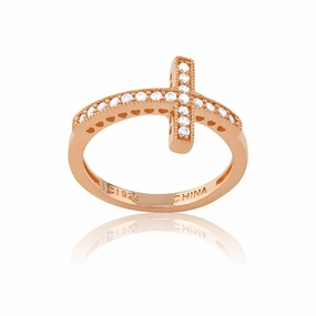 Sterling Silver CZ Rose GP Sideways Cross Ring - W-9649