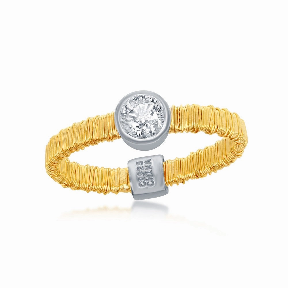 Sterling Silver Gold Threads Band with CZ Circle Ring - W-8957