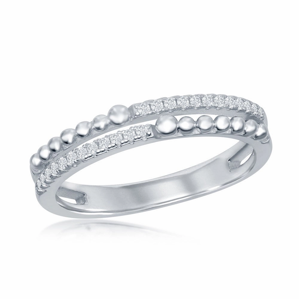 Sterling Silver Half Beaded and CZ Double Band Ring - W-2111