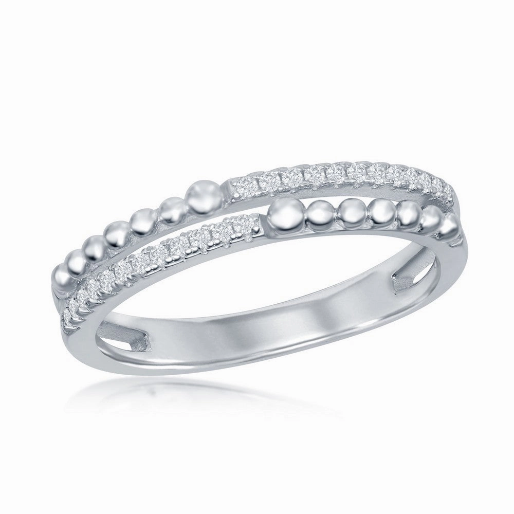 Sterling Silver Half Beaded and CZ Double Band Ring - W-2111