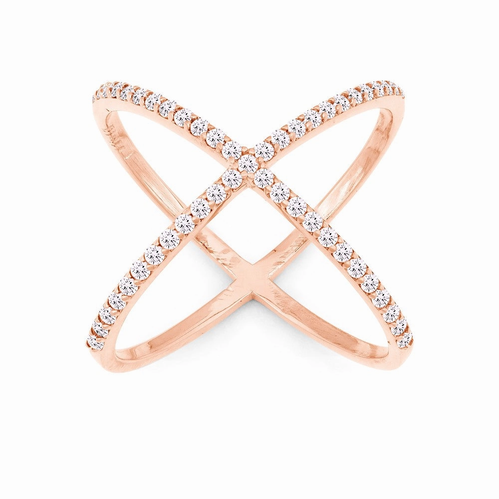 Sterling Silver Rose Gold Plated CZ X Style Ring - W-9948