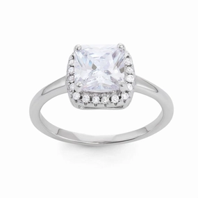 Sterling Silver Square CZ with Clear CZ Border Ring - W-1530