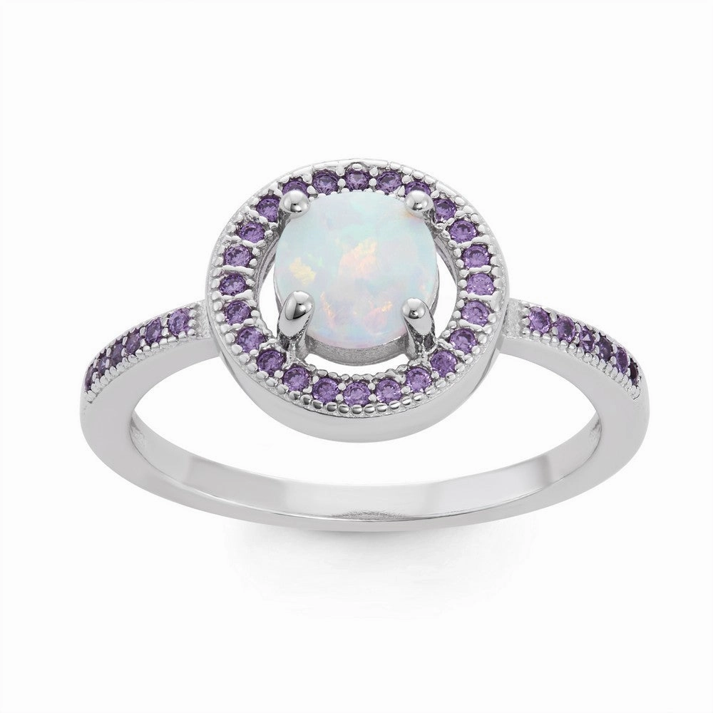 Sterling Silver White Opal Circle with Amethyst CZ Ring - W-1517