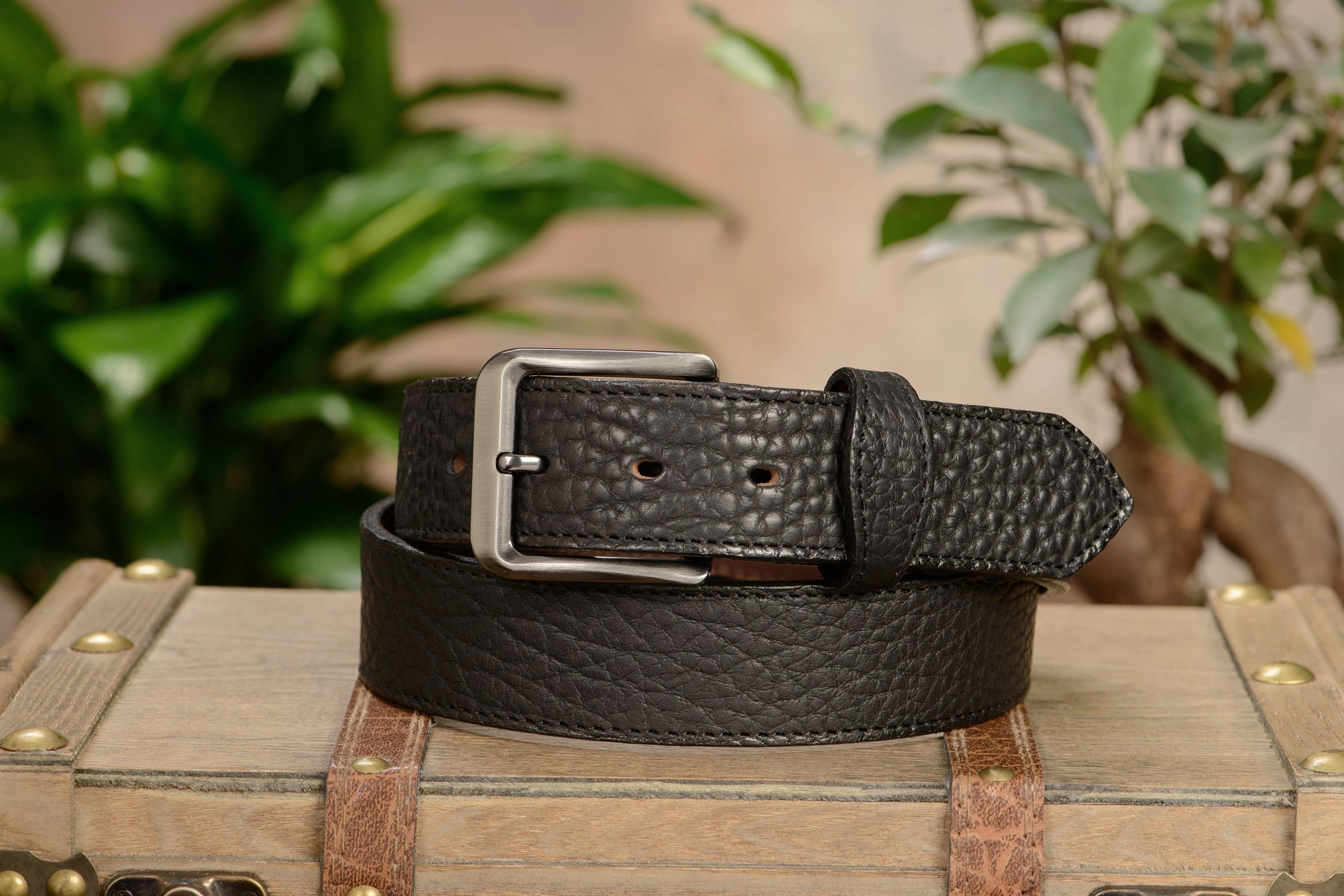 The Forester: Men's Black Stitched American Bison Leather Belt 1.50"