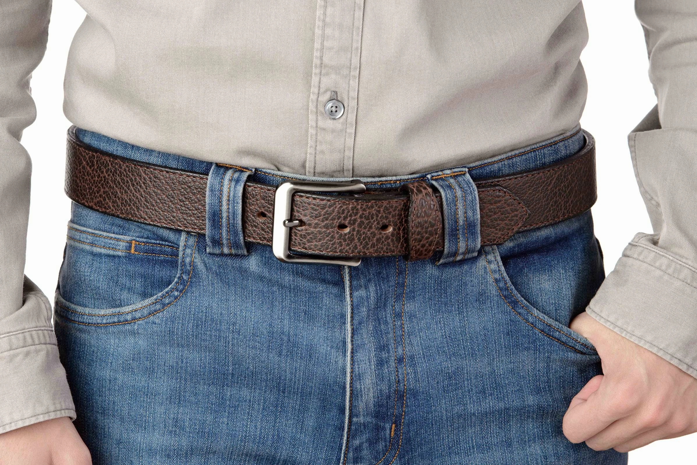 The Forester: Men's Brown Stitched American Bison Leather Belt 1.50"