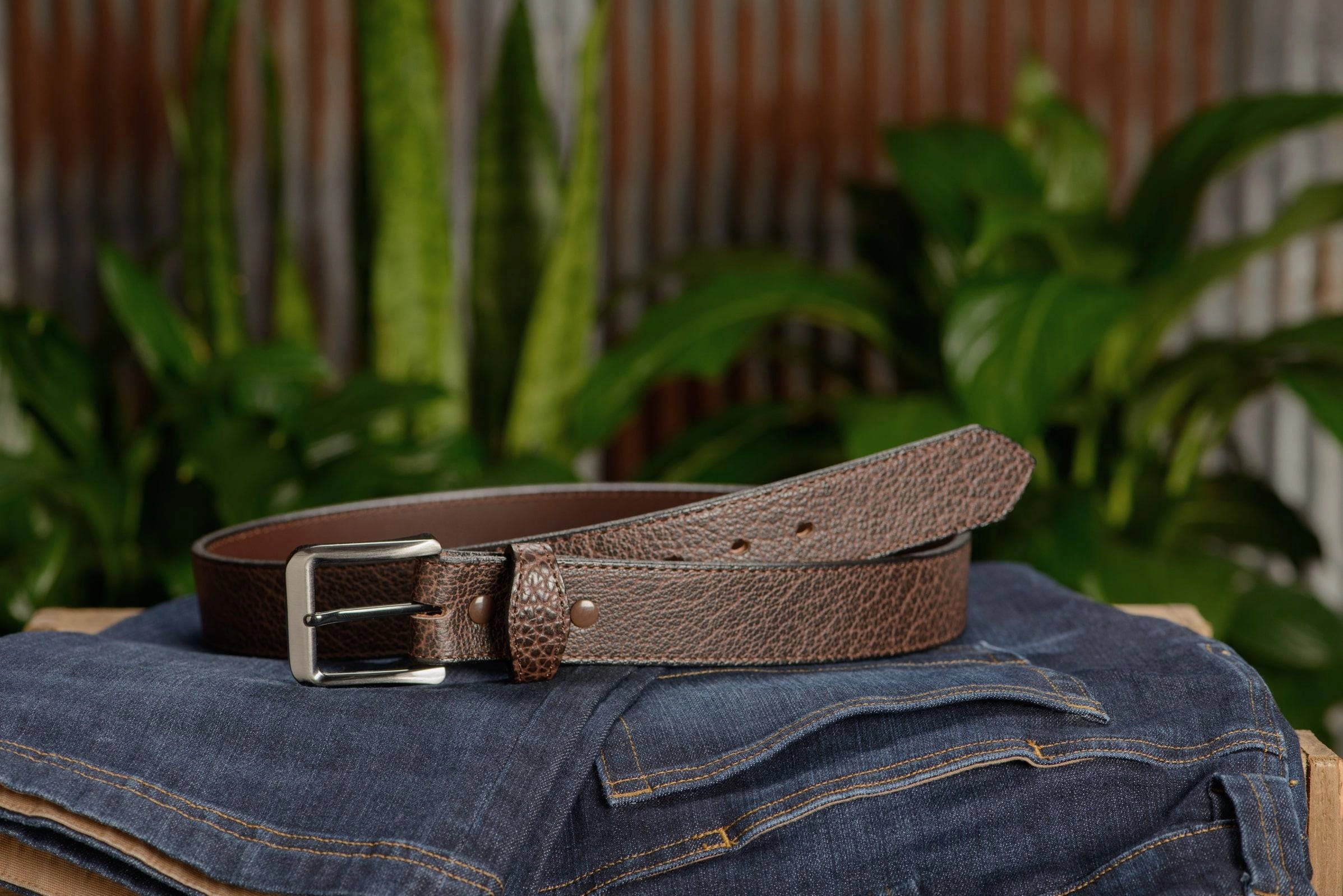 The Forester: Men's Brown Stitched American Bison Leather Belt 1.50"