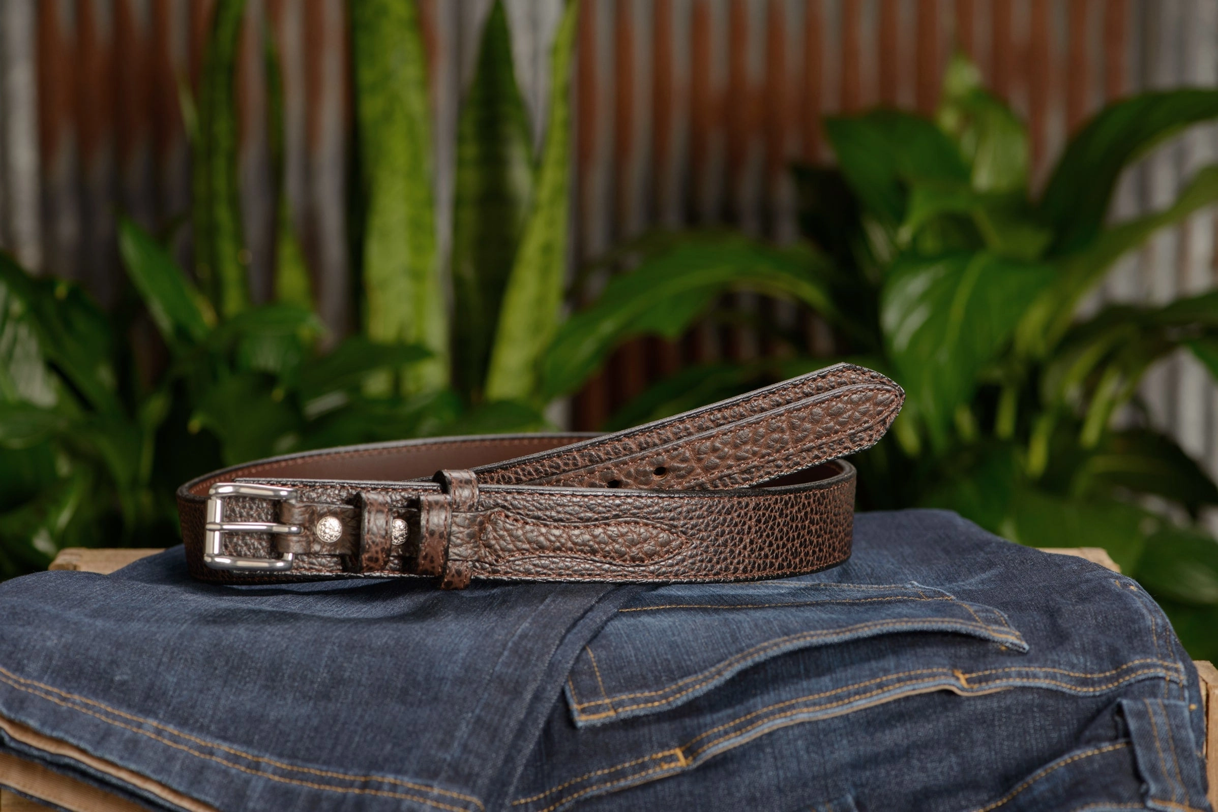 The Forester: Men's Brown Stitched American Bison Ranger Leather Belt 1.50"