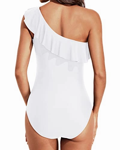 Tummy Control One Shoulder Ruffle One Piece Swimsuits-White