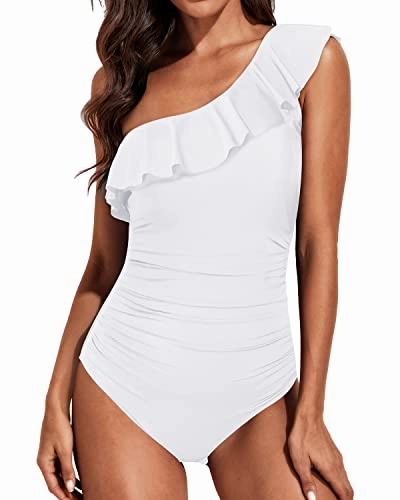 Tummy Control One Shoulder Ruffle One Piece Swimsuits-White