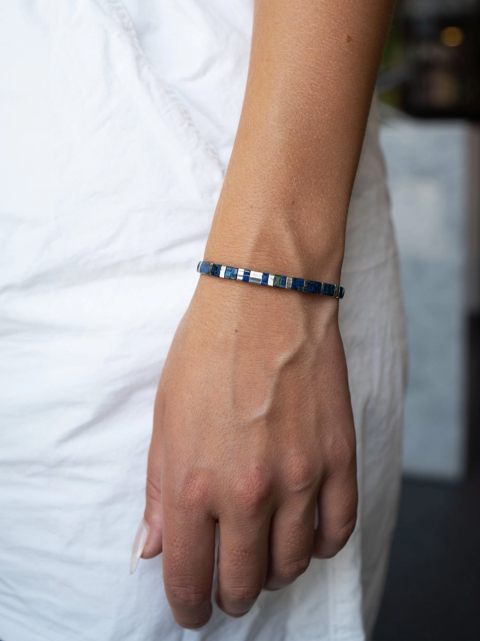 Women's Bracelet with Marbled Blue and Silver Miyuki Tila Beads